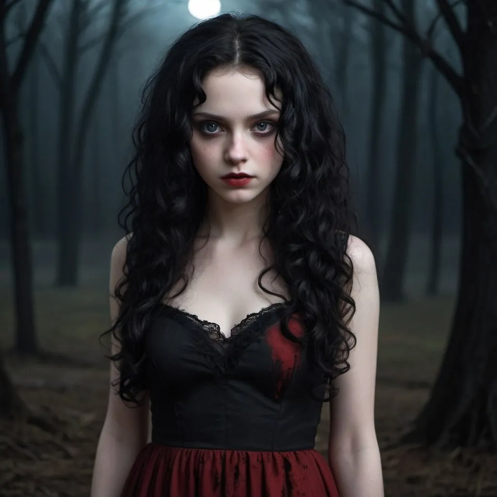 Prompt: A girl with an evil look, with pale skin, long black curly hair and black, dull eyes, wearing blood-coloured dress, in mooniight with surroundings full of darkness