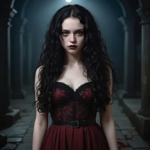 Prompt: A girl with an evil look, with pale skin, long black curly hair and black, dull eyes, wearing blood-coloured dress, in mooniight with surroundings full of darkness