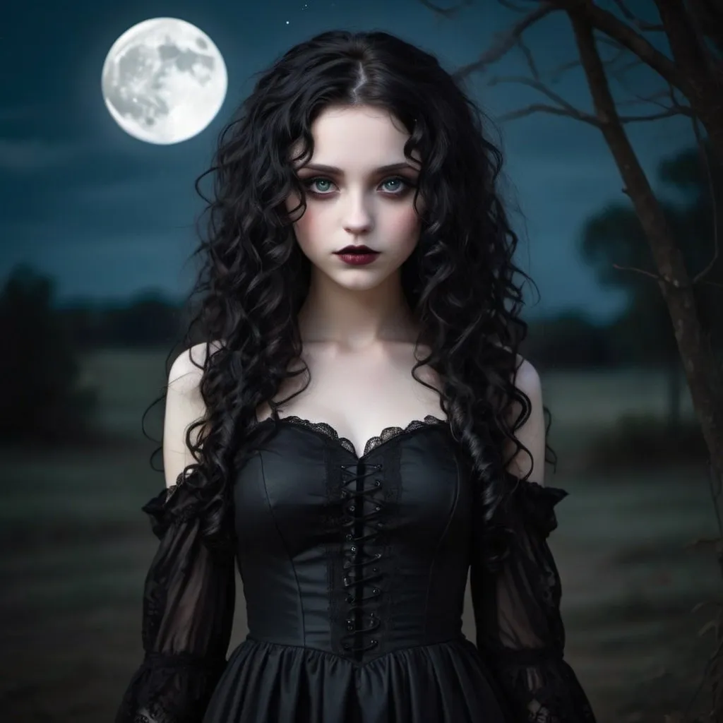 Prompt: A girl with black gothic dress, with dull eyes, with long black curly hair, a mischievous look, pale skin, in the moonlight with the surroundings full of darkness