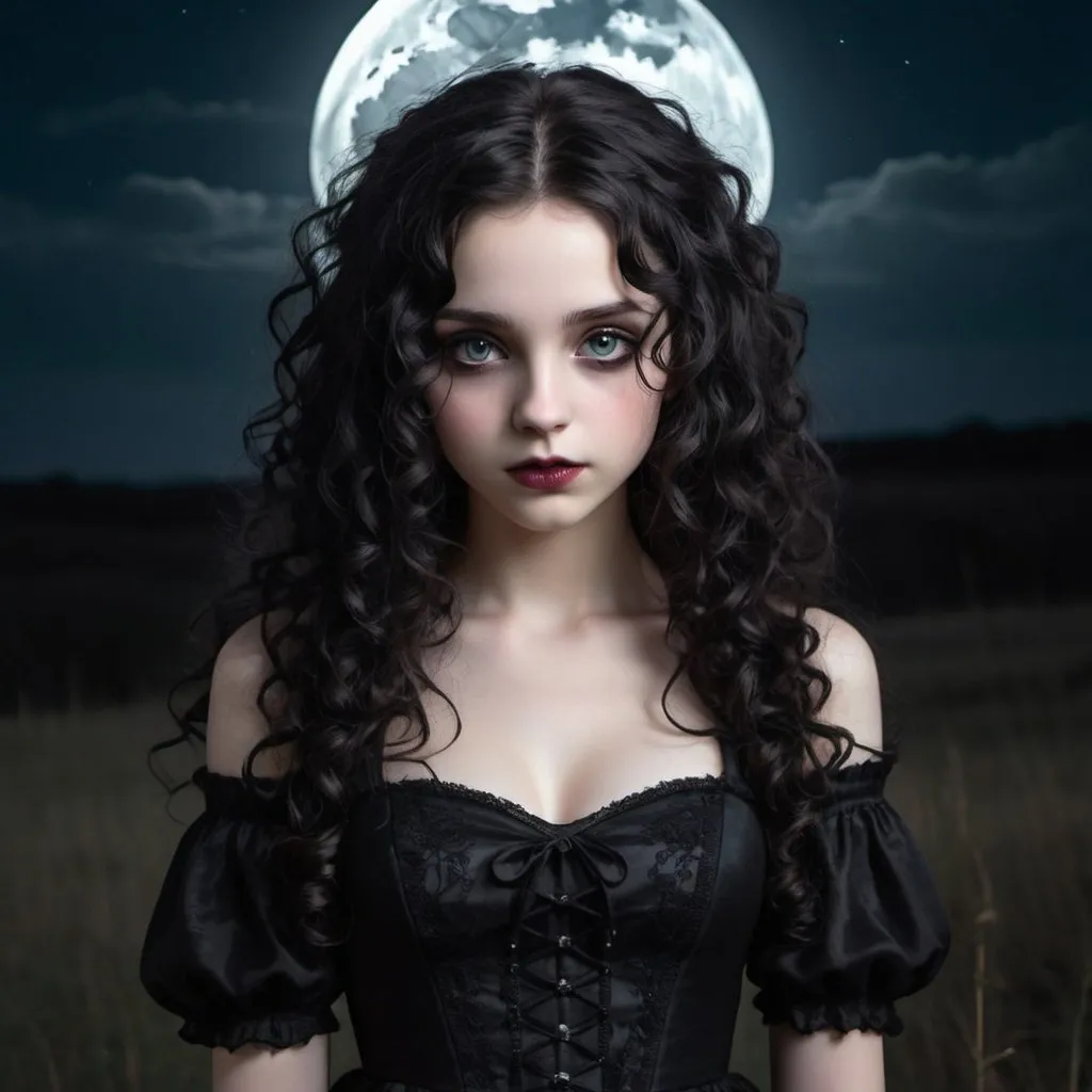 Prompt: A girl with black gothic dress, with dull eyes, with long black curly hair, a mischievous look, pale skin, in the moonlight with the surroundings full of darkness