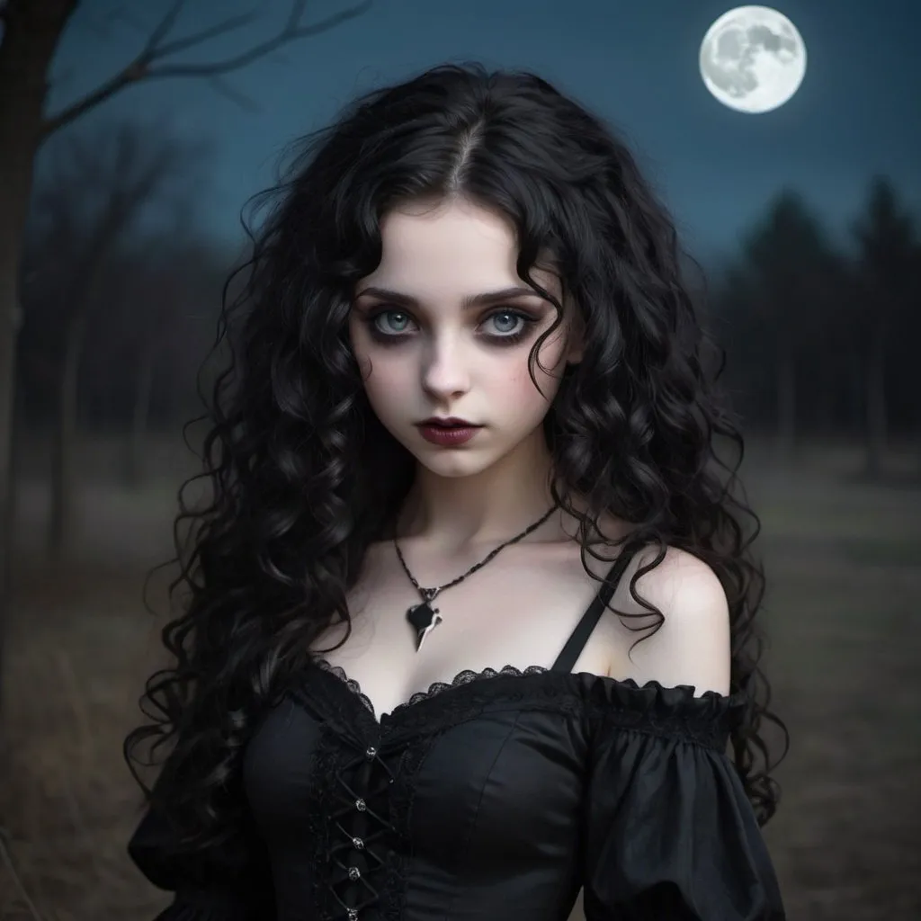 Prompt: A girl with black gothic dress, with dull eyes, with long black curly hair, a mischievous look, pale skin, in the moonlight with the surroundings full of darkness