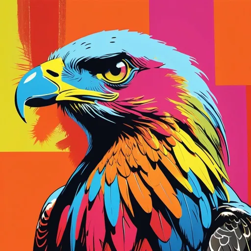 Prompt: Andy Warhol-style art with hawk head, vibrant pop art, bold colors, detailed feathers, high quality, modern, colorful, Andy Warhol, hawk head, vibrant pop art, bold colors, detailed feathers, modern, high quality