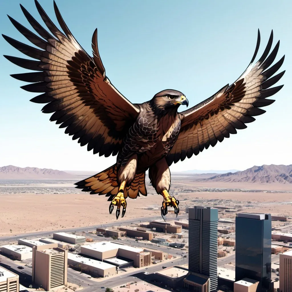 Prompt: Anime cyberpunk style, hawk soaring high in the desert, perspective from just above the hawk. modern day el paso, texas. 