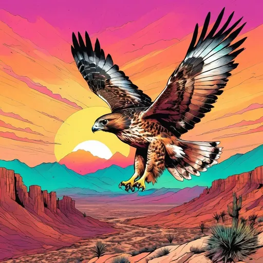 Prompt: vibrant inkpunk style photo of a hawk soaring high, Chihuahuan Desert mountains in the background with sunset behind, 