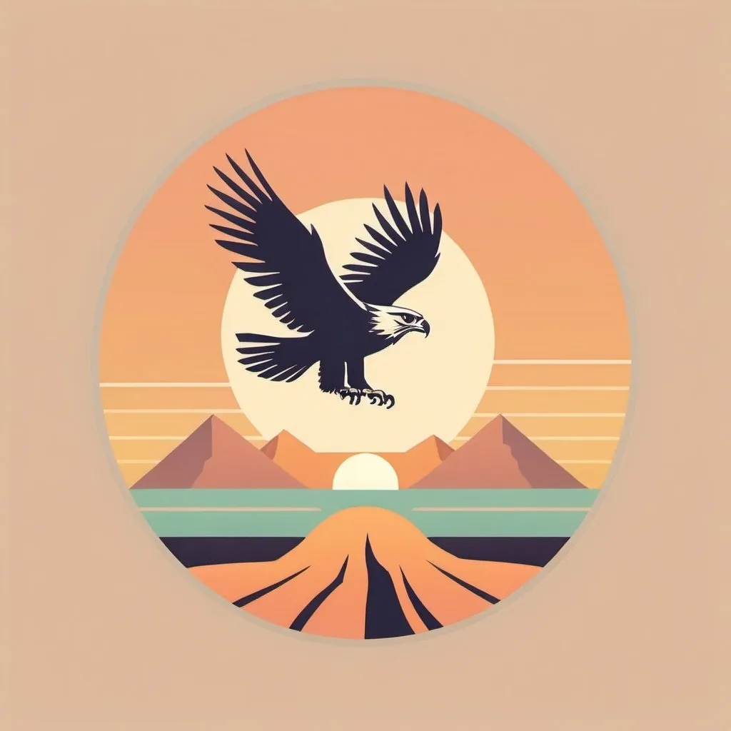 Prompt: a minimalist logo design, pastel colors and a retro aesthetic, hawk soaring with background sun and desert below
