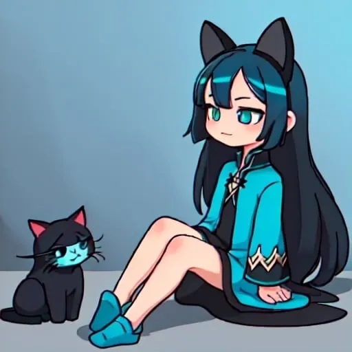 Prompt: blue and black long haired girl with black and turquoise long clothes, black and turquoise cat ears sitting down