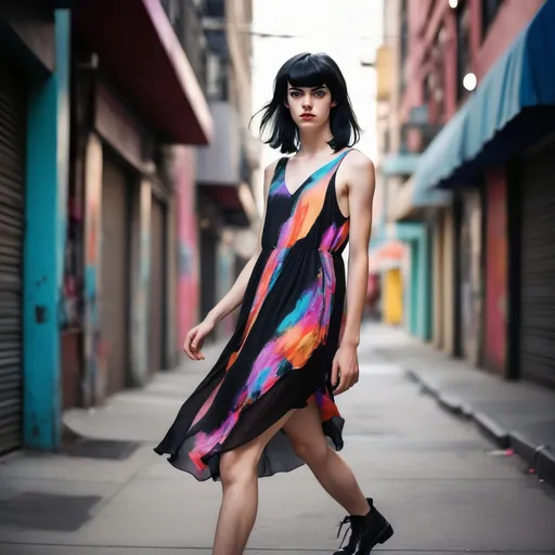 Prompt: Femboy in real life, a man with striking facial features and expressive eyes, styled in sleek black hair, wearing a vibrant, flowy dress and comfortable footwear. The background showcases an urban setting, softly blurred, emphasizing the subject. The ambiance is playful and confident, captured with natural lighting, conveying a sense of freedom and individuality. The image is ultra-detailed, adding depth to the scene.