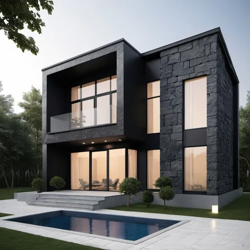 Prompt: facade design modern 1floor villa by consolidated by black stone and meral sheets with gable roof