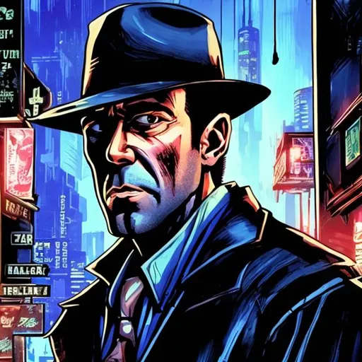 Prompt: A VTT token of a noir style detective reminiscent of Bogart's Phillip Marlowe in a Cyberpunk setting

