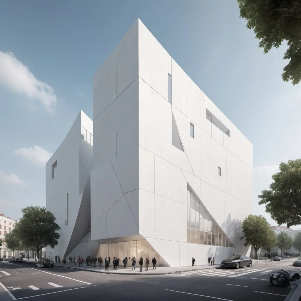 Prompt: An architectural block for the Digital Art Center containing galleries, studios and a rectangular cinema with an acute angle and a facade that reflects strength