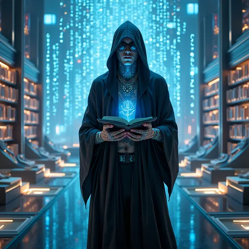 Prompt: The Culture Maker, a hybrid philosopher-hacker figure wearing holographic robes and glowing tattoos, standing in front of an infinite floating library, with ancient script holograms, glass city in the background, cyber-symbolic aesthetic, neon spiritual tones, representing the synthesis of human and AI knowledge guiding cultural consciousness, ultra detailed, cinematic lighting, 8k, futuristic architecture, centered composition, depth of field, aspect ratio 16:9” y si que sea un poco mas mistico metafisico 