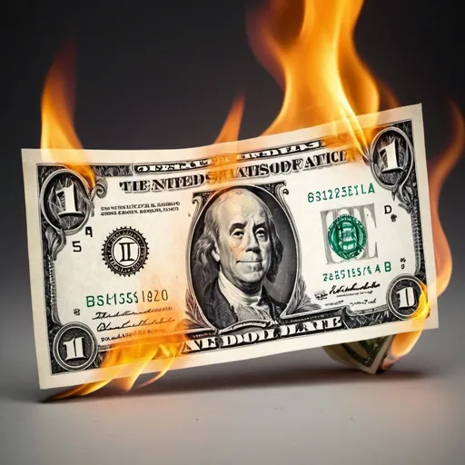 Prompt: create a photograph of dollar bill-wad burning in flames