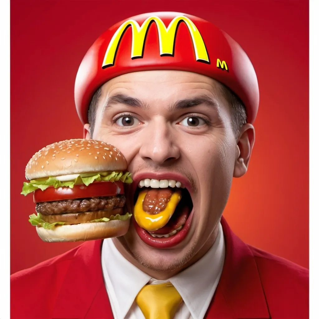 Prompt: freaky mcdonalds logo with a burger guy sticking his tongue out