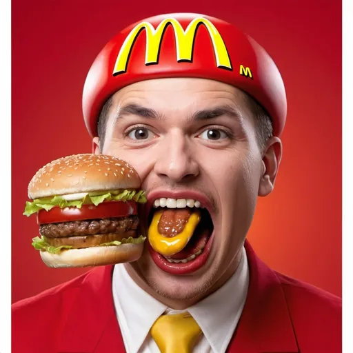 Prompt: freaky mcdonalds logo with a burger guy sticking his tongue out