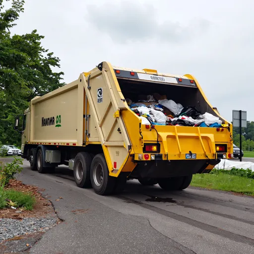 Prompt: A Garbage Truck Luting Trash In The Yard