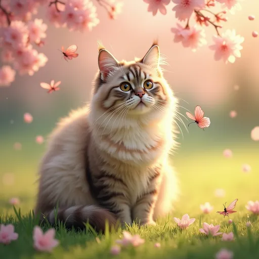 Prompt: A realistic, mancoon cat is sitting in a spring garden, surrounded by soft pink cherry blossoms and delicate butterflies. The grass is fresh and light green with scattered blooming flowers. Warm, natural sunlight casts a soft golden glow over the scene. A few cherry blossom petals gently rest on the cat's fur. The background is slightly blurred to emphasize the mancoon, creating a dreamy, peaceful atmosphere. Ultra-realistic lighting, shallow depth of field, pastel color palette.
