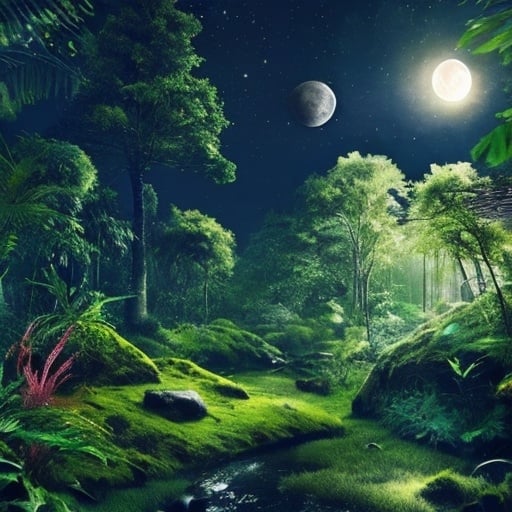 Prompt: nordic forest, jungle, animals, night moon, sun, earth, galaxy