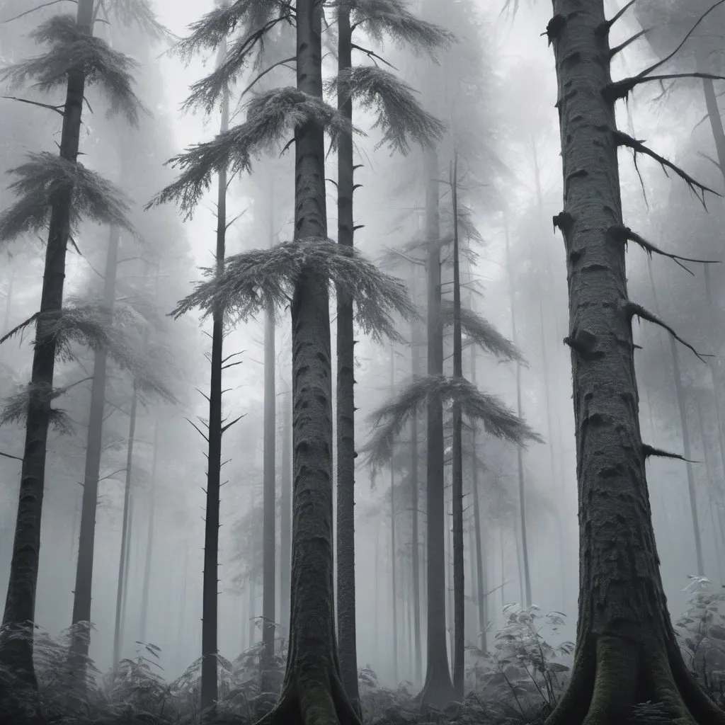 Prompt: Foggy grey forest, misty atmosphere, tall, looming trees, grey ground, ethereal, moody, high quality, detailed, realistic, On The Ground