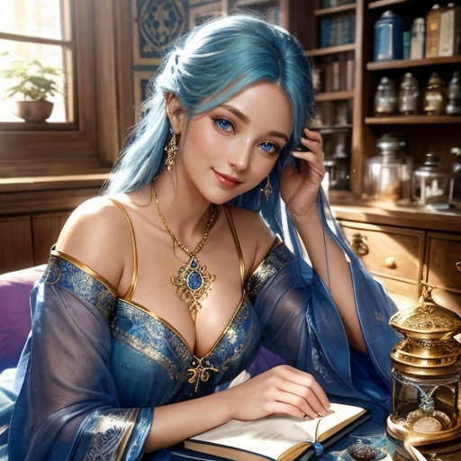 Prompt: Deepest Blue eyes (alchimist character), sacred geometry tattoo,
 remain true to the image, not just in style but in her form, 
ethereal aura, (contented smile), surrounded by mystical potions, enchanting artifacts, gentle and inviting atmosphere, cozy workshop full of glowing ingredients, warm golden lighting, (high quality, ultra-detailed), whimsical background with old books and herbs, showcasing her noteworthiness without trying, reflecting a peaceful yet powerful presence.