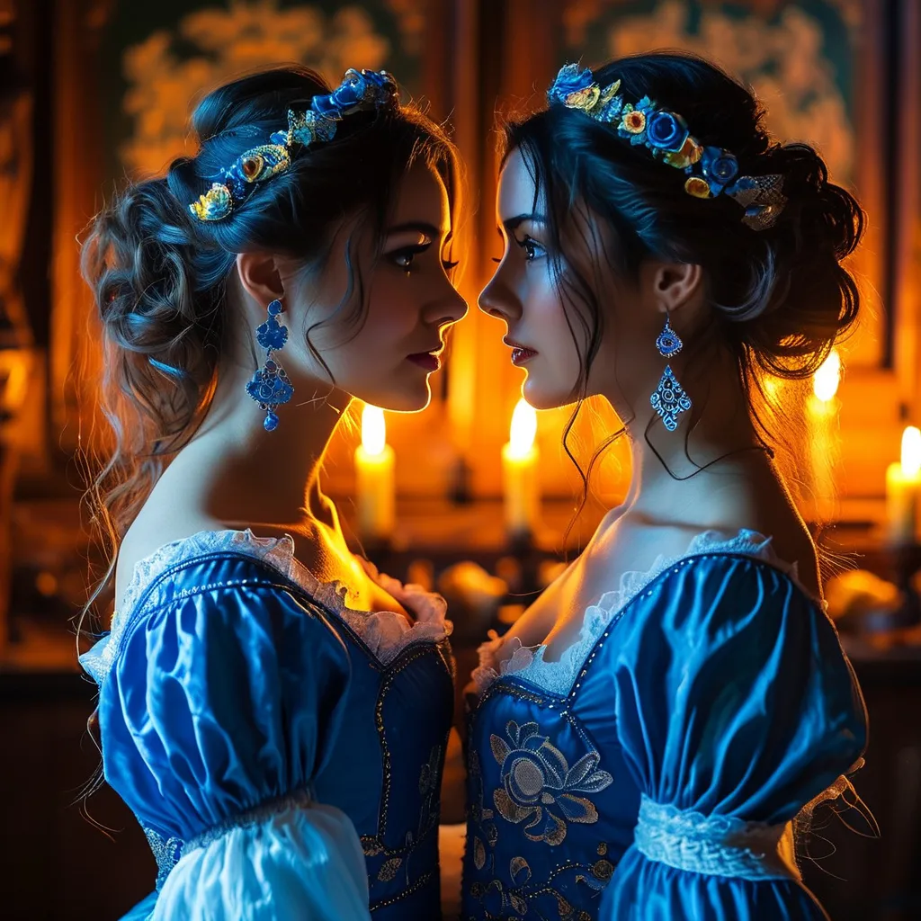 Prompt: Setting: Early rennaisance torture chamber
Studio lighting, UHD, 24k, high definition, professional photography, warm colored, ultra-high photographic definition

A woman in a blue gown and a woman in a blue gown look deeply into mirror images of each other