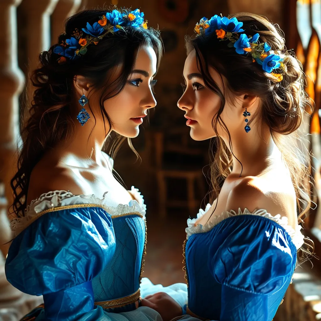 Prompt: Setting: Early rennaisance torture chamber
Studio lighting, UHD, 24k, high definition, professional photography, warm colored, ultra-high photographic definition

A woman in a blue gown and a woman in a blue gown look deeply into mirror images of each other