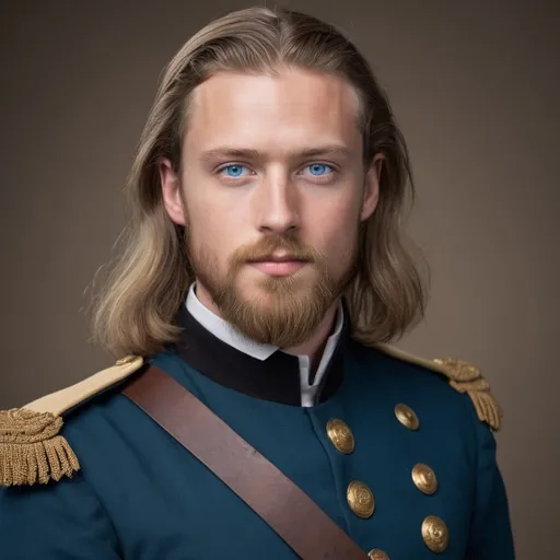 Prompt: Full body portait
He is (5'9", blue eyes, dark blond hair, shoulder-length hair, trimmed complete beard) analytical, creative, artistic, knowledgable in history and particularly military history.