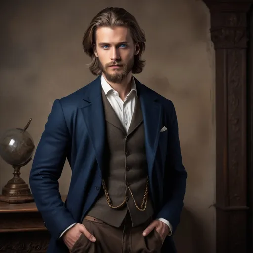 Prompt: Full body portait
He is (5'9", blue eyes, dark blond hair, shoulder-length hair, trimmed complete beard) analytical, creative, artistic, knowledgable in history and particularly military history.