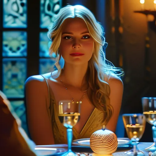 Prompt: She's having a dinner party with guests of upper class. 5 guests. The scrying sphere is on the table. The blonde guests is the center of attention 