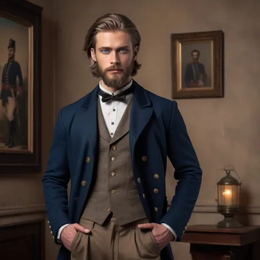 Prompt: Full body portait
He is (5'9", blue eyes, dark blond hair, shoulder-length hair, trimmed complete beard) analytical, creative, artistic, knowledgable in history and particularly military history.