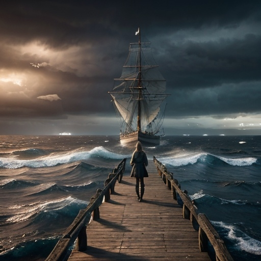 Prompt: a young swedish woman looks out from the pier to see a number of longboats with square sails.

A localized storm, only over the water of one longship, all other in clear water sunny skies