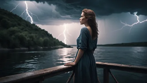 Prompt: a woman standing on a bridge looking at a boat in the water and a boat in the water behind her struck by lightning, Anka Zhuravleva, art photography, cinematic photography, a character portrait