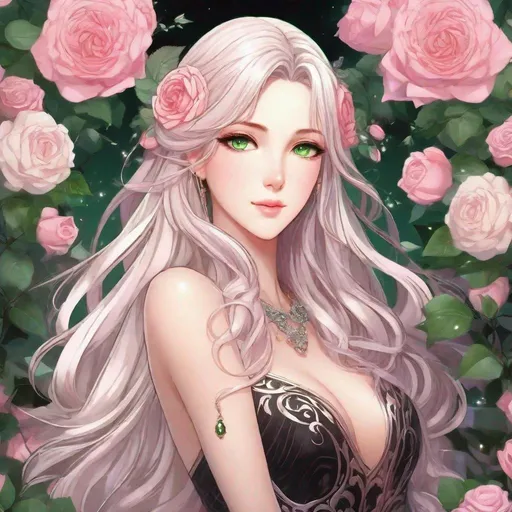 Prompt: Third person, gameplay, beautiful ageless goddess ((bright shining hair like the sun, literally emitting light)), immaculate pink and black dress ((rose insignia, revealing but tasteful)), tanned white skin, bright green eyes, tasteful silver jewelry, secret garden surrounded by a labyrinth of roses as background, cool atmosphere, manga style, extremely detailed print by Hayao Miyazaki, Studio Ghibli
