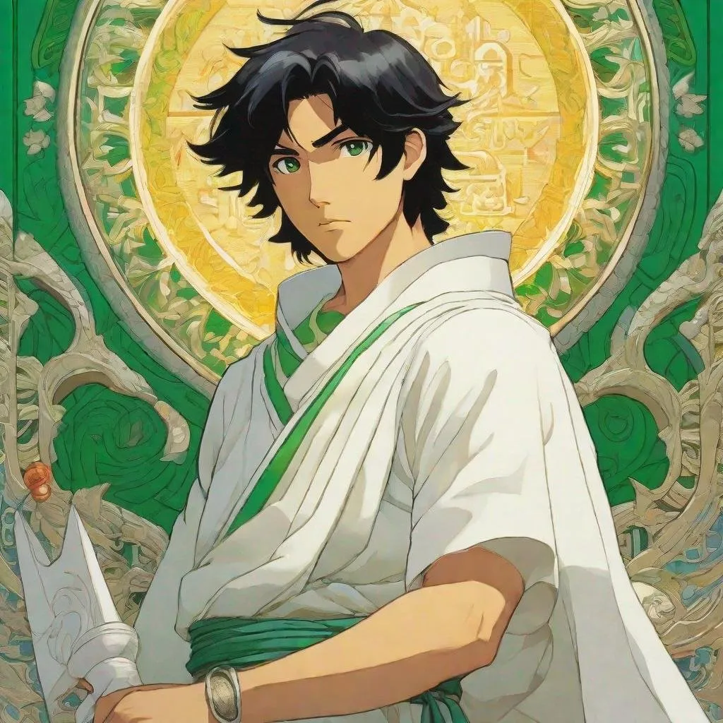 Prompt: Third person, gameplay, handsome young phoenician (black hair), white toga, tanned white skin, bright green eyes, silver amulet, agora background, cool atmosphere, manga style, extremely detailed print by Hayao Miyazaki, Studio Ghibli
