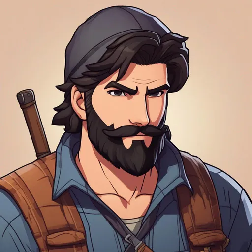 Prompt: ((An image of Warren from Stardew Valley)) dressed in a rustic and practical outfit, showcasing his strength and rugged presence. He has short dark hair, a full beard. He only has one eye, wearing a black eyepatch over his other one. The scene is set in a dynamic live-action environment, with attention to detail in capturing his charismatic expressions and the intricate design of his attire.