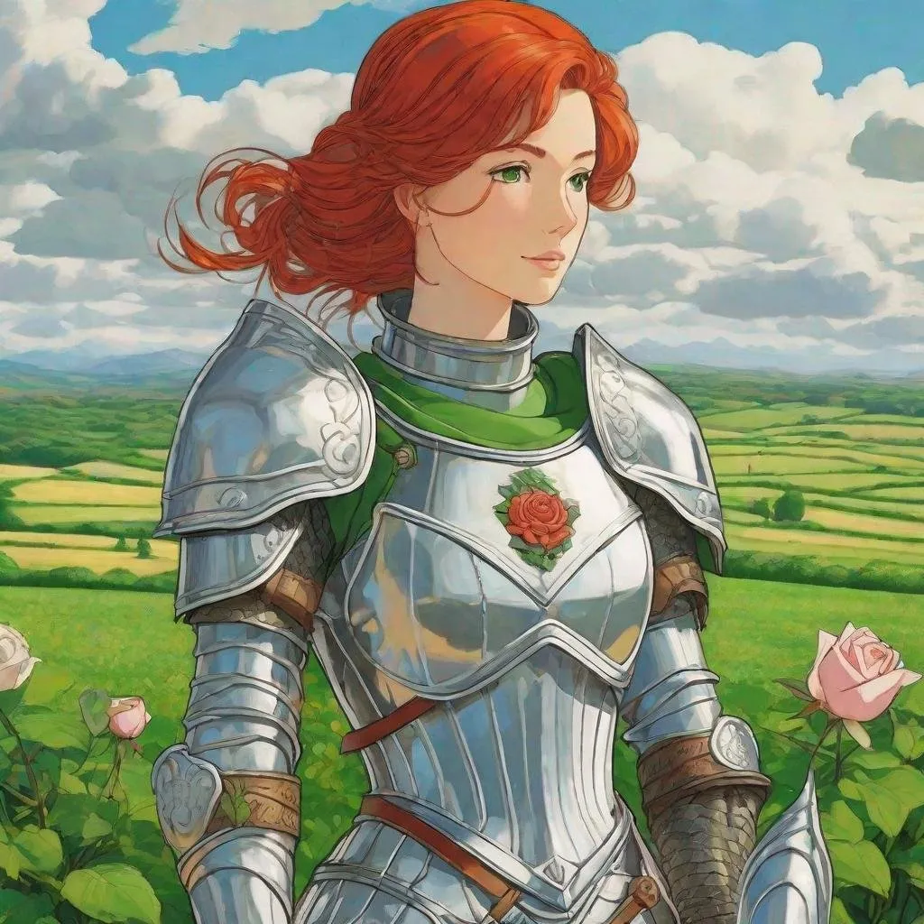 Prompt: Third person, gameplay, 30 year old woman ((red hair)), very detailed silver plate mail armor ((rose insignia)), tanned white skin, bright green eyes, tasteful silver jewelry, green field background, cool atmosphere, manga style, extremely detailed print by Hayao Miyazaki, Studio Ghibli
