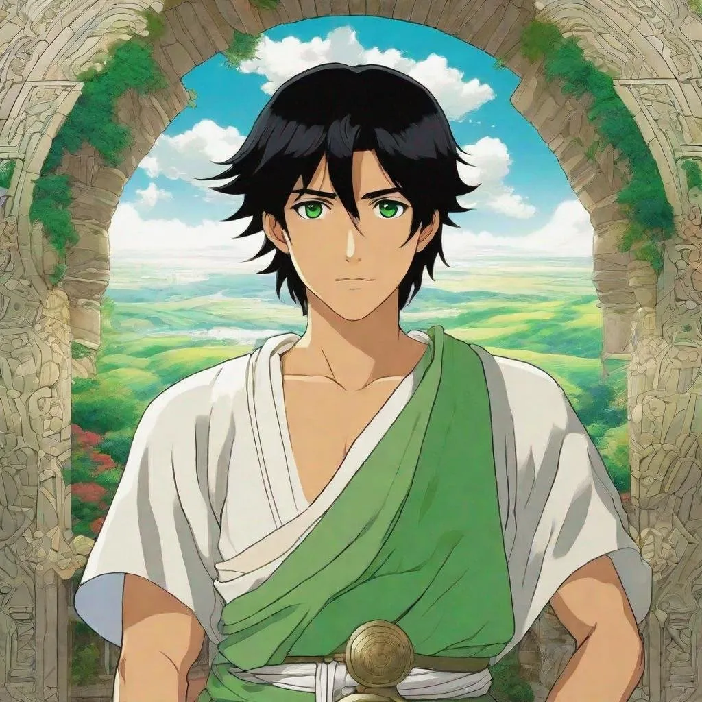 Prompt: Third person, gameplay, handsome young phoenician (black hair), white toga, tanned white skin, bright green eyes, silver amulet, agora background, cool atmosphere, manga style, extremely detailed print by Hayao Miyazaki, Studio Ghibli
