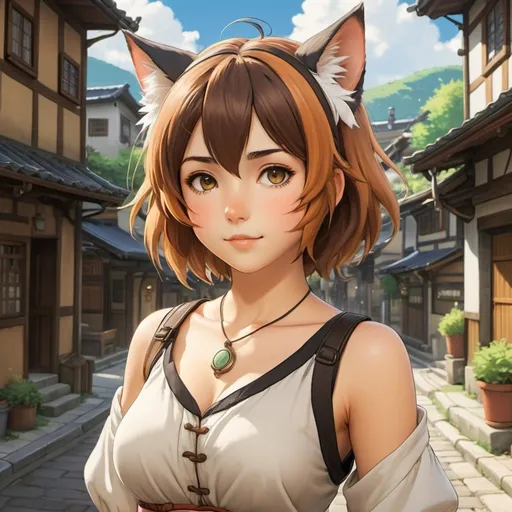 Prompt: Third person, gameplay, ((beautiful adult peasant calico catgirl, medium length tri-color hair [[mix of white brown and black]])), simple peasant clothing, tanned white skin, small locket on her chest, fantasy town street background, cool atmosphere, manga style, extremely detailed print by Hayao Miyazaki, Studio Ghibli
