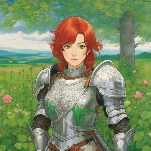 Prompt: Third person, gameplay, 30 year old woman ((red hair)), very detailed silver plate mail armor ((rose insignia)), tanned white skin, bright green eyes, tasteful silver jewelry, green field background, cool atmosphere, manga style, extremely detailed print by Hayao Miyazaki, Studio Ghibli
