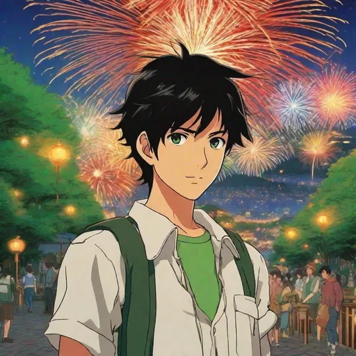 Prompt: Third person, gameplay, handsome young man (black hair), smart casual outfit, tanned white skin, bright green eyes, silver amulet, firework festival background, cool atmosphere, manga style, extremely detailed print by Hayao Miyazaki, Studio Ghibli
