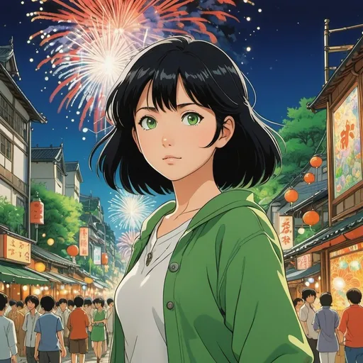 Prompt: Third person, gameplay, pretty young woman (black hair), smart casual outfit, tanned white skin, bright green eyes, silver amulet, firework festival background, cool atmosphere, manga style, extremely detailed print by Hayao Miyazaki, Studio Ghibli
