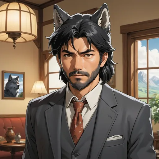 Prompt: Third person, gameplay, ((handsome adult peasant wolfman, medium length black hair [[wolf ears, wolf tail, human features]])), suit, tanned white skin, stern expression, living room background, cool atmosphere, manga style, extremely detailed print by Hayao Miyazaki, Studio Ghibli
