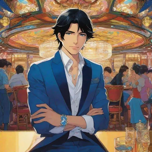 Prompt: Third person, gameplay, smug looking male human nightclub manager (black hair), fantasy noble outfit, pale white skin, bright blue eyes, diamond bracelet, fantasy nightclub background, cool atmosphere, manga style, extremely detailed print by Hayao Miyazaki, Studio Ghibli
