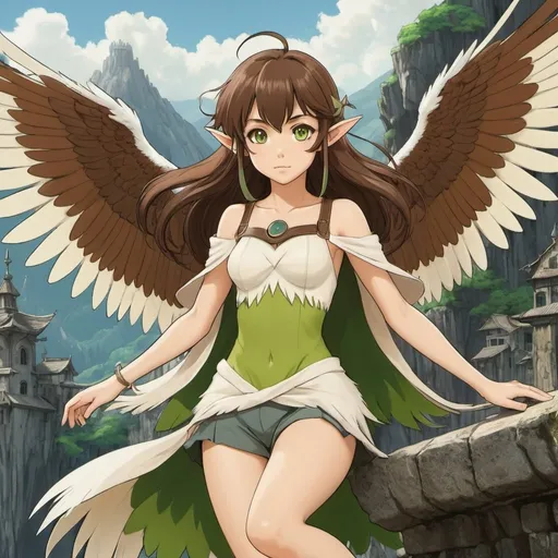 Prompt: Third person, gameplay, bird person, 20 year old harpy monster girl ((brown hair)), [Wings instead of arms], No Arms, pointed elf ears, Brown plumage, cream colored plumage, robin-like plumage, tattered clothes, tanned white skin, bright green eyes, mountain ruins background, cool atmosphere, manga style, extremely detailed print by Hayao Miyazaki, Studio Ghibli, style of monster girl, style of harpy.
