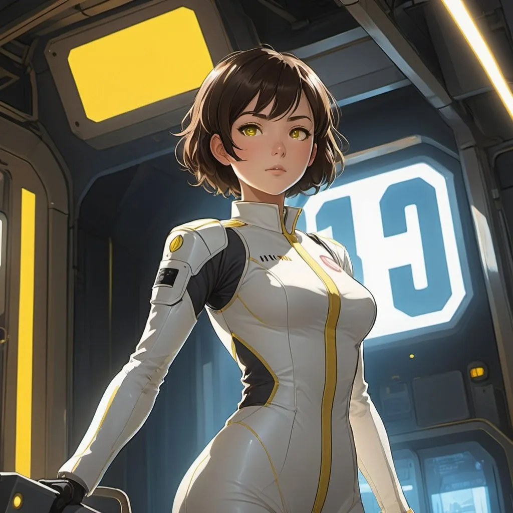 Prompt: Third person, gameplay, ((A tall female brunette with short hair)), white unarmored jumpsuit, tanned white skin, bright yellow eyes, serial numbers on the uniform, glowing magic emanating from her hands, unarmed, containment cell interior in the background, cool atmosphere, manga style, extremely detailed print by Hayao Miyazaki, Studio Ghibli. style of Arknights, style of Liberi race
