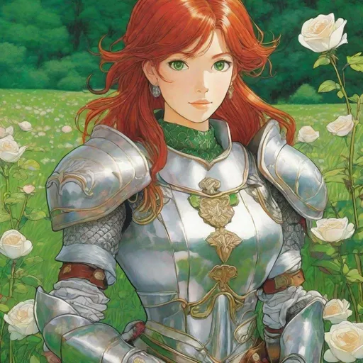 Prompt: Third person, gameplay, 30 year old woman ((red hair)), very detailed silver plate mail armor ((rose insignia)), tanned white skin, bright green eyes, tasteful silver jewelry, green field background, cool atmosphere, manga style, extremely detailed print by Hayao Miyazaki, Studio Ghibli
