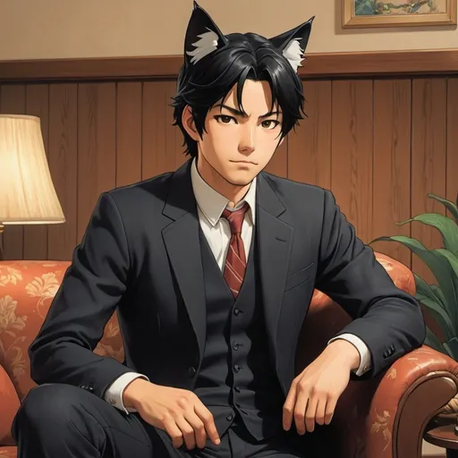 Prompt: Third person, gameplay, ((handsome adult peasant catman, medium length black hair [[cat ears, cat tail, human features]])), suit, tanned white skin, stern expression, living room background, cool atmosphere, manga style, extremely detailed print by Hayao Miyazaki, Studio Ghibli
