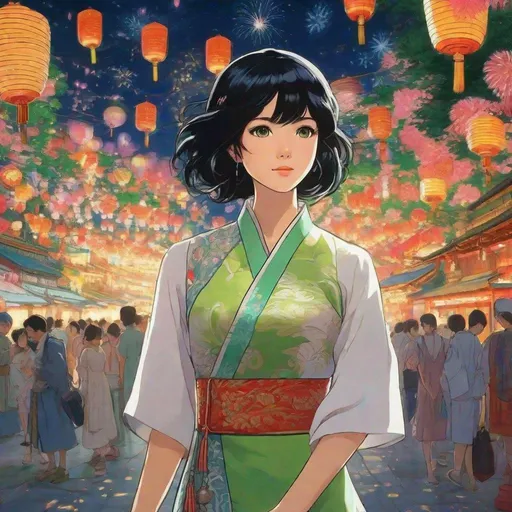 Prompt: Third person, gameplay, pretty 23 year old princess (black hair), ornate qipao, tanned white skin, bright green eyes, silver amulet, firework festival background, cool atmosphere, manga style, extremely detailed print by Hayao Miyazaki, Studio Ghibli
