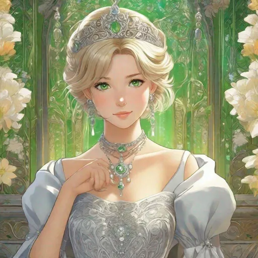 Prompt: Third person, gameplay, beautiful young princess ((blonde hair)), tasteful silver gown, tanned white skin, bright green eyes, tasteful silver jewelry, tiara, secret chamber background, cool atmosphere, manga style, extremely detailed print by Hayao Miyazaki, Studio Ghibli
