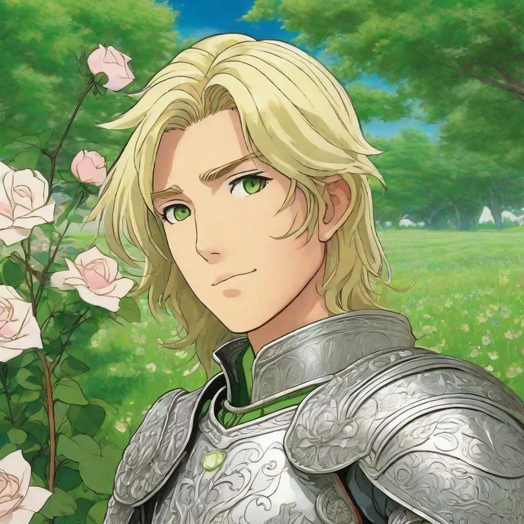 Prompt: Third person, gameplay, 30 year old man ((blonde hair)), very detailed silver plate mail armor ((rose insignia)), tanned white skin, bright green eyes, tasteful silver jewelry, green field background, cool atmosphere, manga style, extremely detailed print by Hayao Miyazaki, Studio Ghibli
