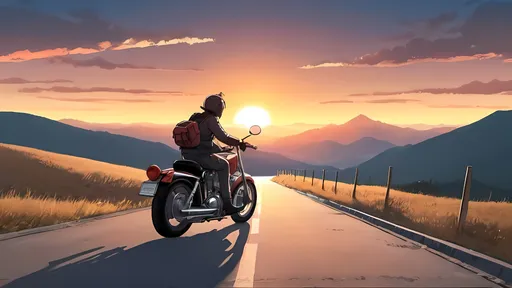 Prompt: anime styled image of a man riding his cruiser motorcycle on a mountainious road into the sunset